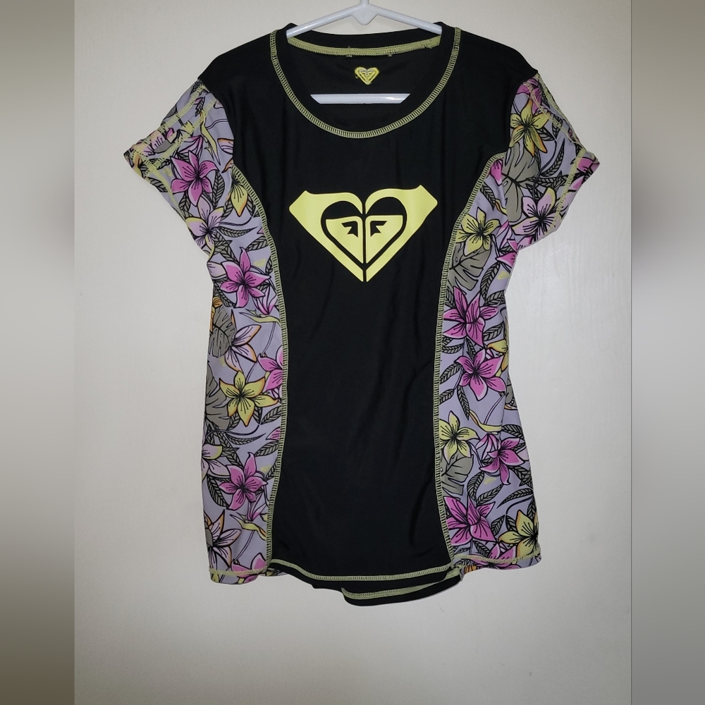 Girls Roxy Black and Floral Rashguard Swim Top Youth Short Sleeve Surf Shirt